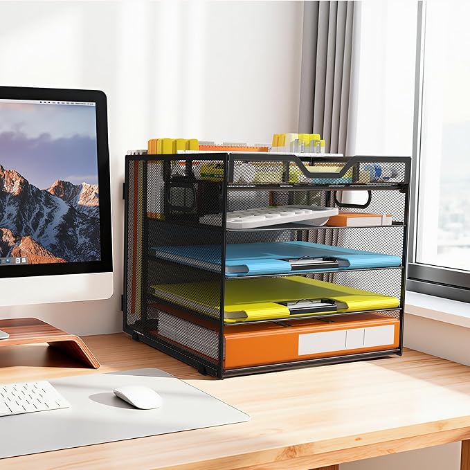 Docnest 5 Tier Letter Tray with Hanging File Organizer-Mesh Desk Organizer-Desktop Storage Box Built in Pen Holder and Handles, File Folder Holder for Mail Documents Office Supplies-Black