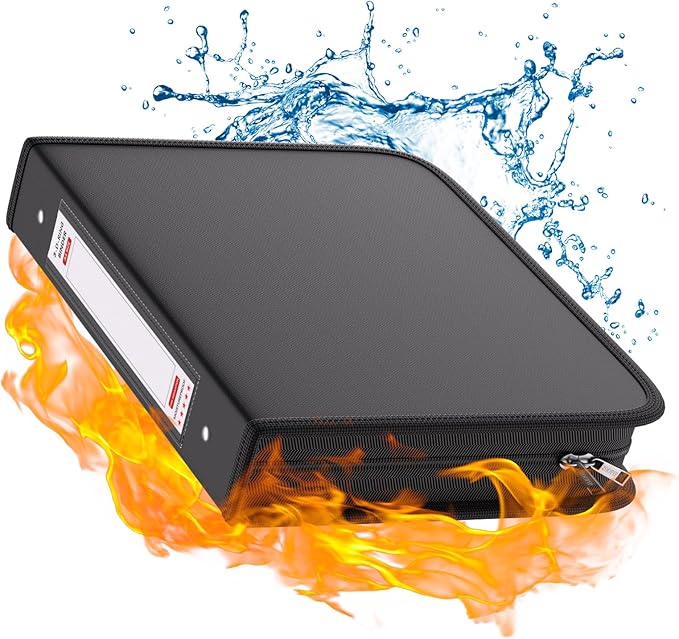 Fireproof 3 Ring Binder with Zipper, 1.5 Inch D Rings Hold up 375 Sheets of 8.5" x 11" (A4), Compatible with Clear Page Protectors, Built-in Net and Pen Holder(Black, 1 Pcs)