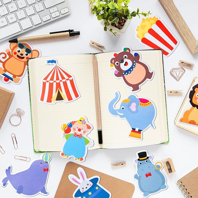 Xqumoi 30 Pack Circus Sticky Notes - Carnival Self Sticky Notepads Circus Clown Cute Animals Writing Memo Pads for Back to School Office Supplies Birthday Carnival Party Favors Goodies Bag Fillers