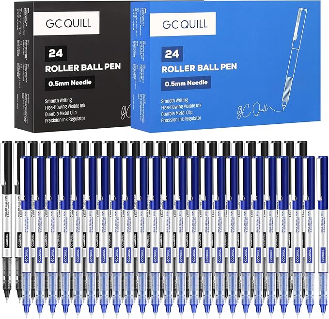 GC QUILL 48 Rollerball Pens 0.5mm Needle Point Black Liquid Ink Pens 24 and Blue Liquid Ink Pens 24 for Bullet Journaling, Office Supplies for Writing, Taking Notes & Sketching BKL48