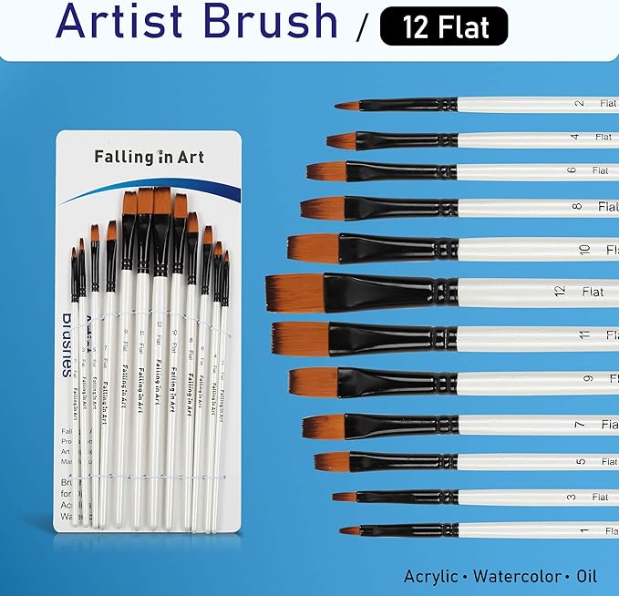 Falling in Art Paint Brushes Set, 12 PCS Nylon Professional Flat Paint Brushes for Watercolor, Oil Painting, Acrylic, Face Body Nail Art, Crafts, Rock Painting