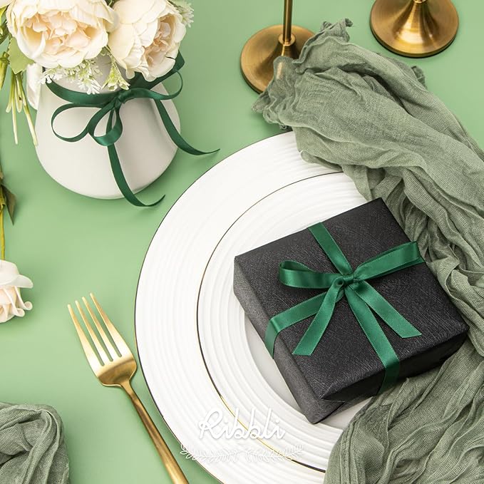 Ribbli Double Faced Forest Green Satin Ribbon,3/8” x Continuous 25 Yards,Use for Bows Bouquet,Gift Wrapping,Floral Arrangement