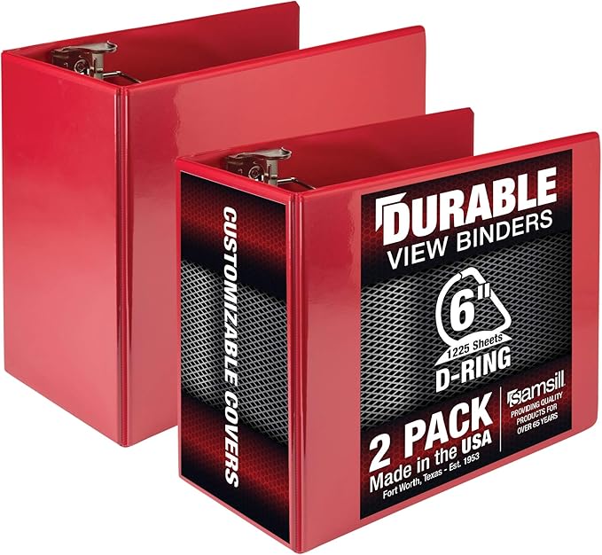 Samsill Durable 6 inch 3 Ring Binder, Made in USA, Locking D Ring FSC 100% Recycled Chipboard, Red, 2 Pack