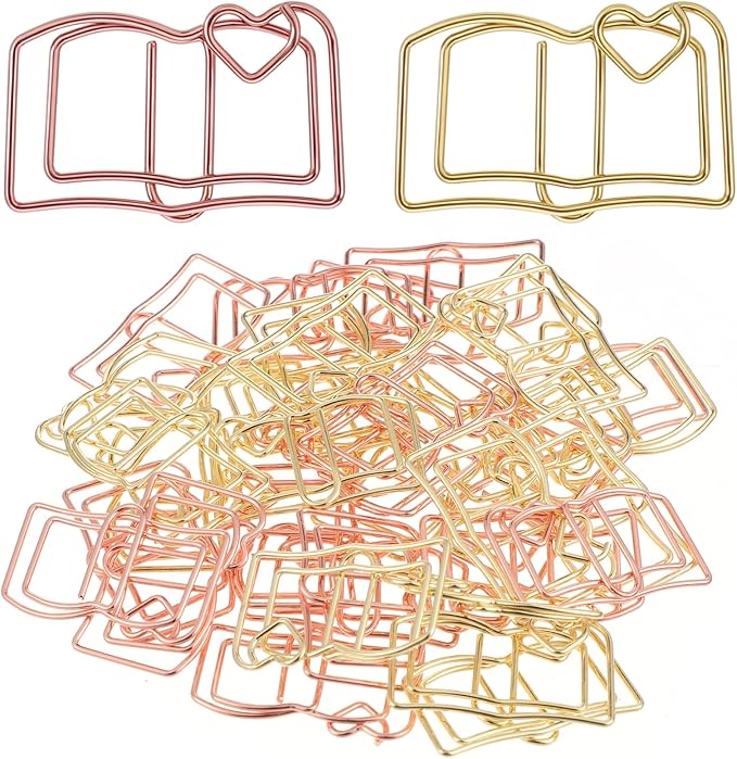 Giantree 40 Book-Shaped Paper Clips, Rose Gold and Gold Cute Papers Clip, Heart-Shaped Fun Paper Clips Metal Bookmarks, Memo Clip Set for Fun Office Supplies School Gifts Wedding Decorations
