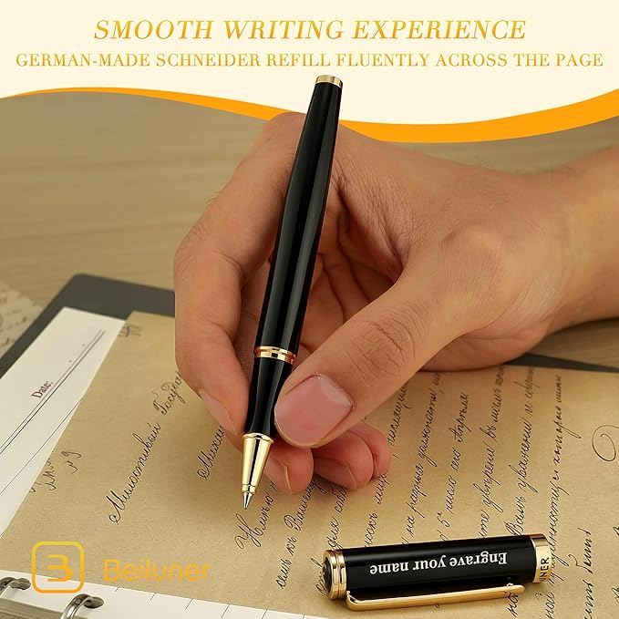 BEILUNER Black Personalized Pen,Stunning Luxury Lacquer With 24K Gold,Schneider Ink Refills,Multiple Fonts To Custom Rollerball,Gift Pen For Men & Women,Executive,Graduation,Christmas,Nice Pens