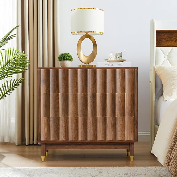 Fluted 3 Drawer Dresser, 31.5" Wide Modern Storage Chest of Drawers, Wood Drawer Organizer for Bedroom, Living Room, Hallway