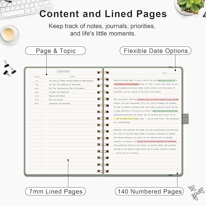 RETTACY Lined Journal Notebook, 140 Numbered Pages, A5 Medium Size (5.7'' x 8.3''), for Men & Women, Journaling, Writing, Work & Office, Spiral-bound, Hardcover, 100 GSM Thick Paper (Light Green)