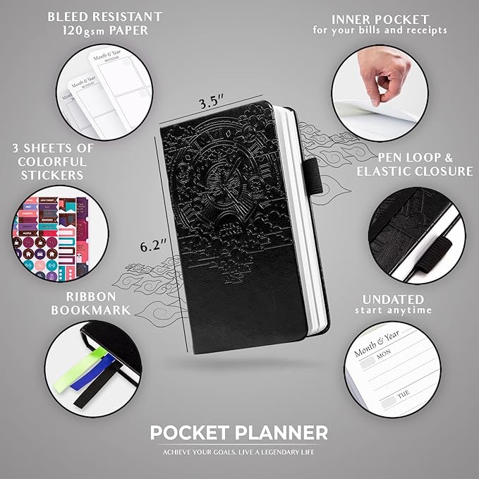 Legend Planner Pocket – Small Undated Monthly & Weekly Goal Journal and Calendar for Productivity, Mini Life Organizer Planner Perfect for Purse, Size: 3.5" x 6.2" Hardcover – Black