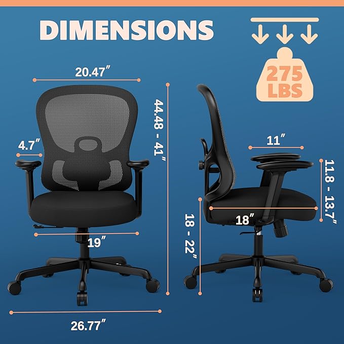 ELABEST Ergonomic Office Chair,Home Desk Chair with Mesh Back,Adjustable Lumbar Support,Built-in Springs Wide Seat,Executive Task Chair with 3-D Big Armrests,Tilt Function,Computer Desk Chair