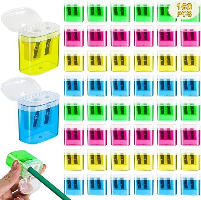 160 Piece Pencil Sharpener Bulk, Manual Dual Holes Pencil Sharpeners for Kids, 4 Colorful Handheld Pencil Sharpeners with Lid Portable Compact for School Supplies Classroom Office Students Home
