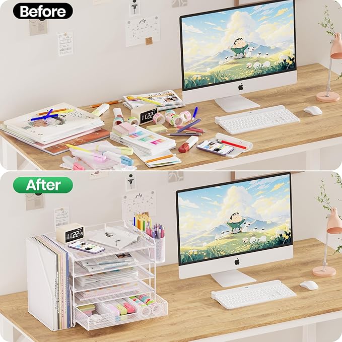 Desk Organizers and Accessories, 5-Tier Paper File Organizer with Drawer & Pen Holder, Office Desk Accessories Workspace Desktop Organizer for Office Supplies (White)