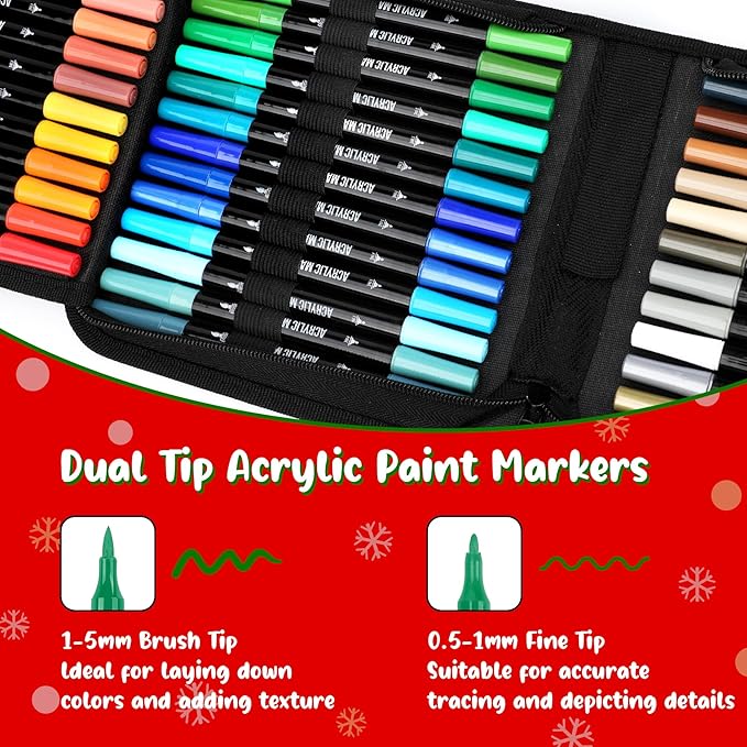 48 Colors Acrylic Paint Markers, Dual Tip with Fine Tip and Brush Tip Pens for Stone, Wood, Calligraphy, Canvas, Ceramic, Metal, Glass, Rock Painting, DIY Crafts Art Supplies Kit