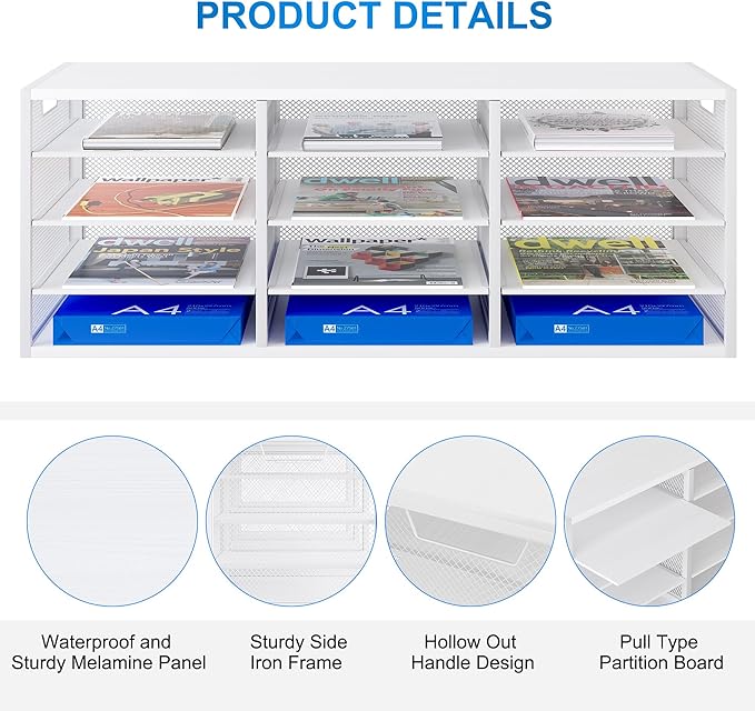 Mail Sorter Adjustable Countertop Mail Holder, Heavy Duty Literature Organizer, Student Mailbox for Classroom, Desktop Bill Paper Organizer for Office Home School, 12 Compartments, White