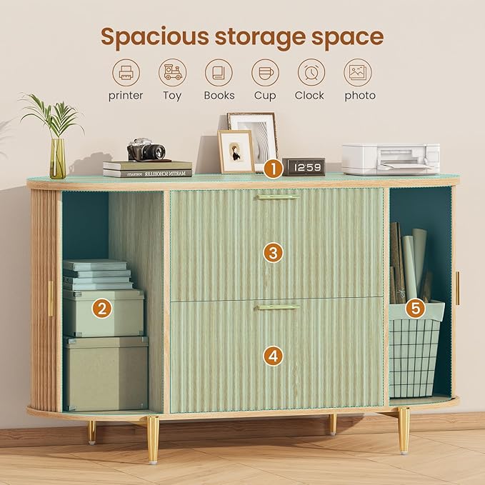 SEDETA 2 Drawer File Cabinet, 39.4" Filing Cabinet for Home Office, fit Legal/Letter/A4 Size, Modern Fluted Filing Cabinets with 2 Sliding Door Storage, Printer Stand, Natrual