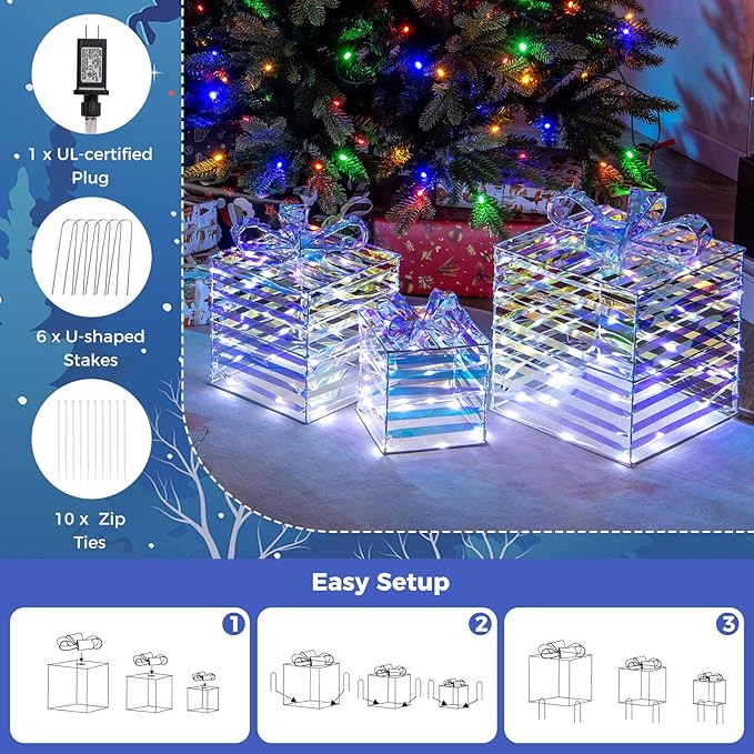 Tangkula Set of 3 Christmas Lighted Gift Boxes, Pre-lit 90 LED Light Up Present Box Decorations with Bows and Plug, Indoor Outdoor Xmas Boxes for Christmas Tree, Holiday Party Decorations