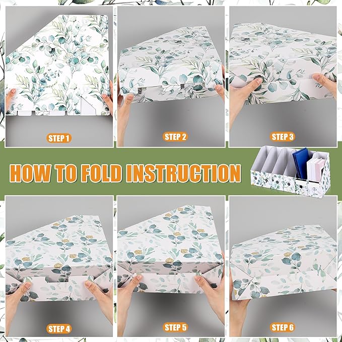 PerKoop 12 Pcs Magazine File Holder Foldable Decorative Cardboard File Folders 6 Patterns Floral Colored Magazine Rack with Printable Sticker Labels for School Office Home Desk (Eucalyptus Leaves)