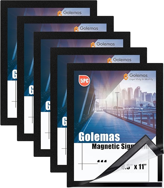 Magnetic Sign Holder, 8.5 x 11 Wall Mount Self Adhesive Document Display Frames, Double Sided Display for Glass Window (Black, 5pack)