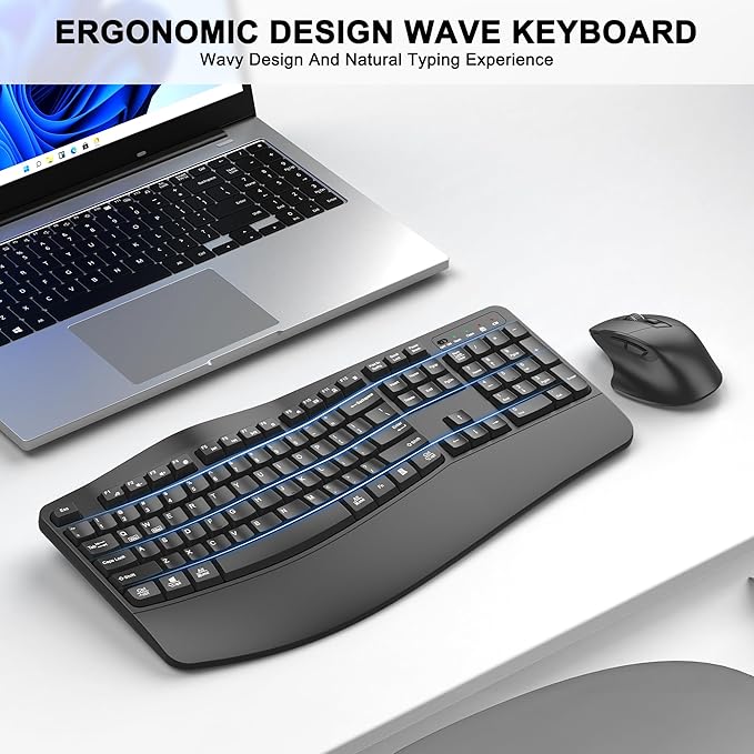 Wireless Keyboard and Mouse Combo, 2.4G Full Size Wave Keys Ergonomic Keyboard with Wrist Rest and 3-Level DPI Adjustable Wireless Ergonomic Mouse for Windows, Mac OS Desktop/Laptop/PC(Graphite)
