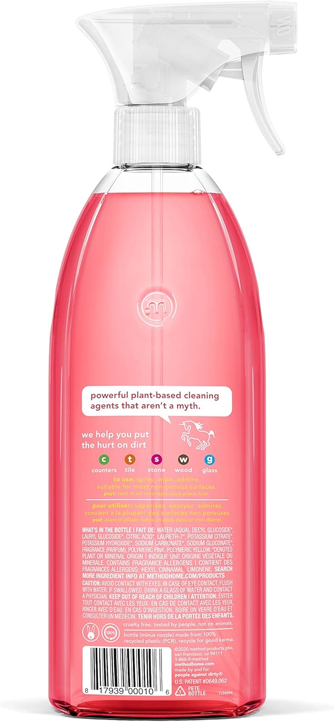 Method All-Purpose Cleaner, Pink Grapefruit, Plant-Based and Biodegradable Formula Perfect for Most Counters, Tiles, Stone, and More, 28 oz spray bottle