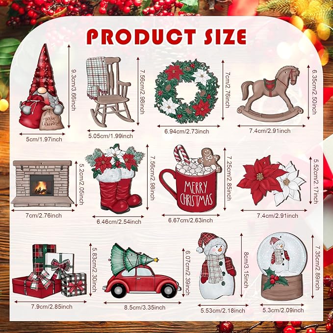 Huwena 36 Pcs Christmas Wooden Ornaments Red White Christmas Decorations for Tree Snowman Gnomes Poinsettia Flowers Truck Wreath Wood Cutouts Tags with Ropes Winter Decor for Xmas Tree Gifts