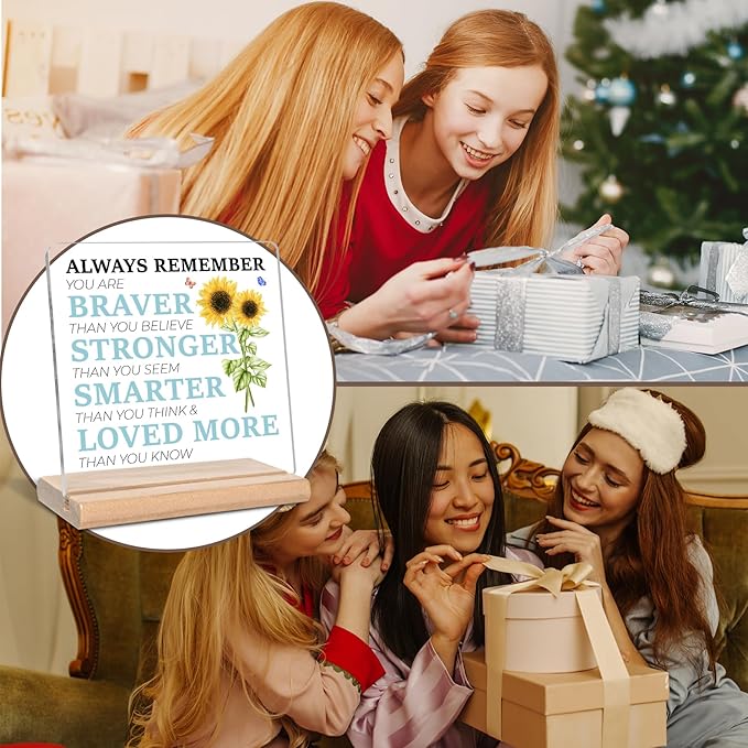 Inspirational Gifts for Coworkers Friends Family, Always Remember You Are Braver Sunflower Acrylic Plaque Sign, Motivational Quotes Desk Sign, Birthday Graduation Christmas Gift