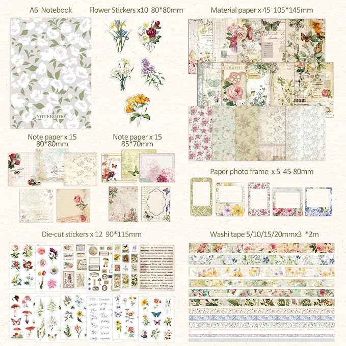 Vintage Botanical Scrapbooking Supplies Kit, Aesthetic Flower Scrapbook Kit for Bullet Junk Journal, 12 Rolls Washi Tape, Stickers Papers for DIY Journaling Supplies, Craft Gift for Girl Kid Women