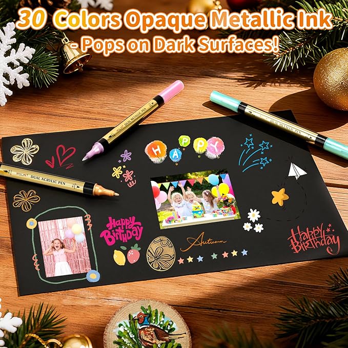 IVSUN 60 Acrylic Paint Markers, 30 Metallic & 30 Regular Colors Dual Tip Metallic Marker Pens for Black Paper, Photo Album, Rock Painting, Glass, Wood, Card Making, Scrapbook Supplies, DIY Crafts