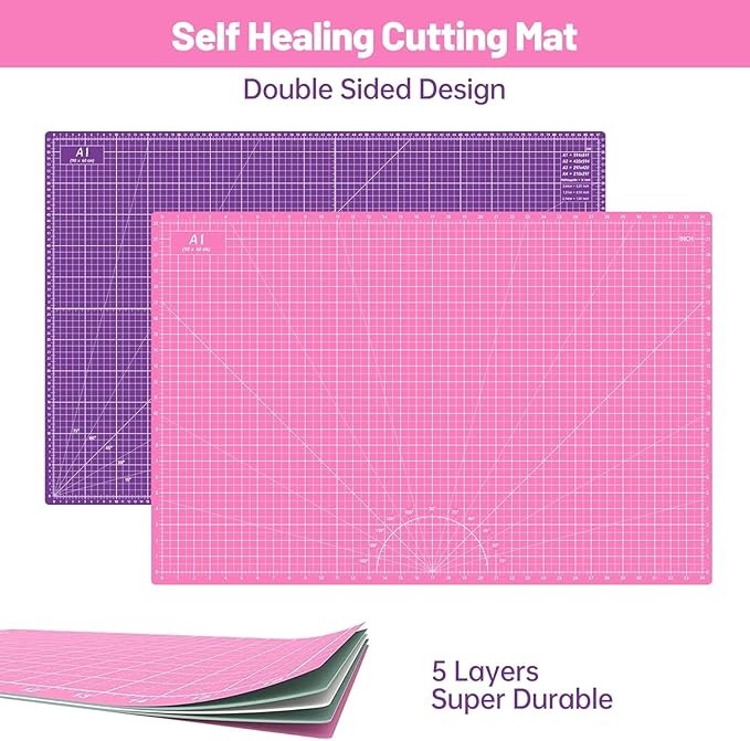 Rotary Cutter Set Pink- Quilting Kit incl. 45mm Fabric Cutter, 5 Replacement Blades, A1 Cutting Mat, Acrylic Quilting Ruler and Sewing Clips, Craft Knife Set, Ideal for Crafting, Sewing, Patchworking