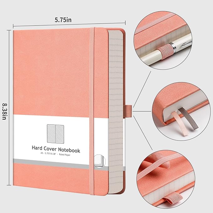 AHGXG Thick Journal Lined Notebook, 320 Numbered Pages Leather Journal for Women, A5 Notebook College Ruled, 100gsm Paper,Faux Leather Hardcover, 5.75'' X 8.38''-Pink