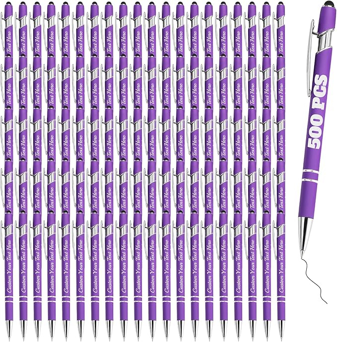 Personalized Pens Bulk 500 with Name Custom Engraving Ballpoint Pens with Stylus Tip Customized Smooth Writing Pens Personalized Gifts for Anniversary Birthday or Graduation(Purlpe,Black Ink)