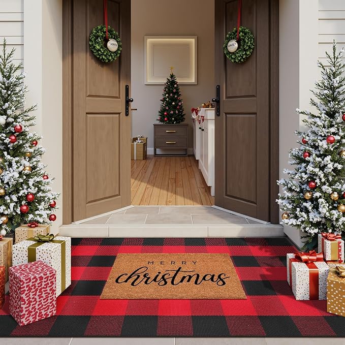 KIMODE Christmas Buffalo Plaid Outdoor Rug 3'x5',Red and Black Christmas Doormats Outside, Washable Front Door Mat, Reversible Outdoor Christmas Decor for Front Porch Entryway Kitchen Bedroom