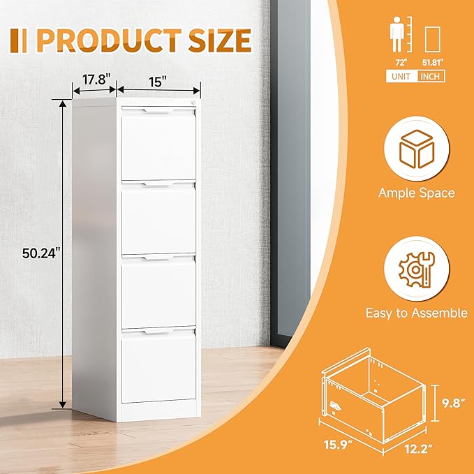 4-Drawer Metal File Cabinet with Lock,Steel Printer Stand with Storage for Home Office,Vertical Filing Cabinet for Legal/Letter/A4 Files,Assembly Required