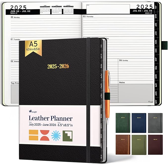 Ensight 2025-2026 HARDCOVER Leather Planner Weekly & Monthly - 6.5x8.5 Inches - Academic Planner Business Personal or Student - Pen Holder, Thick Paper, July 2025 - June 2026 (Black)