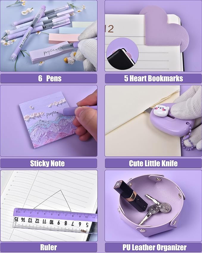 Purple Desk Accessories, 26Pcs Office Supplies and Desk Organizers, with Tape Dispenser, Stapler, Staple Remover Ect, Christmas Gifts