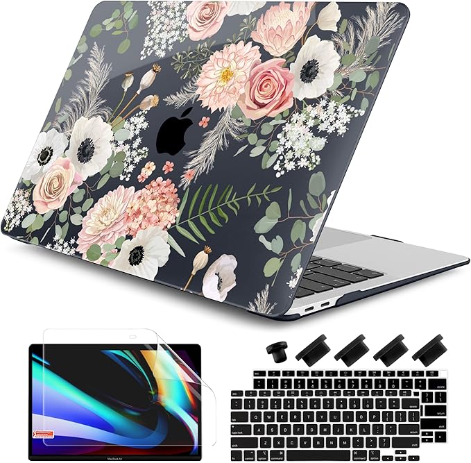 DONGKE Compatible with MacBook Air 13 inch Case 2021 2020 2019 2018 Release A2337 M1 A2179 A1932 with Retina Display Touch ID, Plastic Hard Shell & Keyboard Cover - Dried Flowers