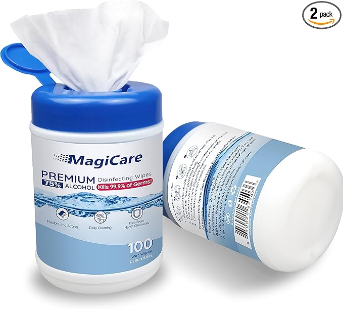 MagiCare 75% Large Alcohol Wipes (2 Canisters) - Hand Sanitizing Wipes - Hand Sanitizer Wipe, Unscented, Premium - Home, Classroom, Camping - 2, 100ct Canisters (200pcs)