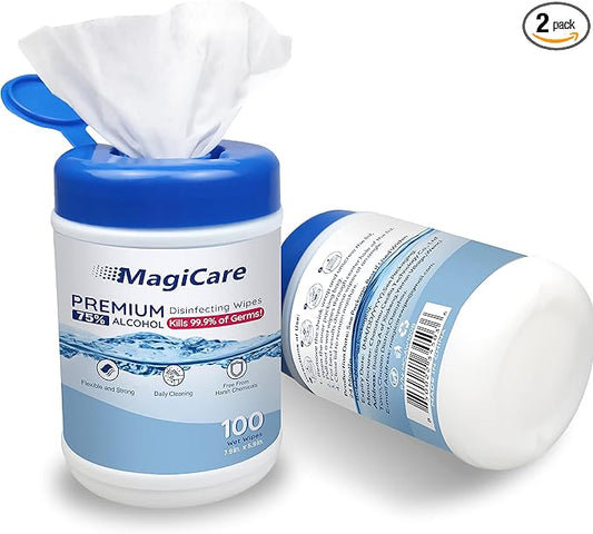 MagiCare 75% Large Alcohol Wipes (2 Canisters) - Hand Sanitizing Wipes - Hand Sanitizer Wipe, Unscented, Premium - Home, Classroom, Camping - 2, 100ct Canisters (200pcs)