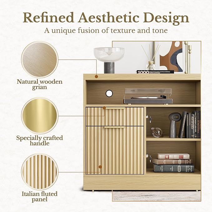 2 Drawer File Cabinet with Lock, 63'' Wood Lateral File Cabinet, Compatible Letter and A4 Size, Fluted Filing Cabinet for Home Office with AC/USB, Adjustable Storage Shelves, Light Walnut