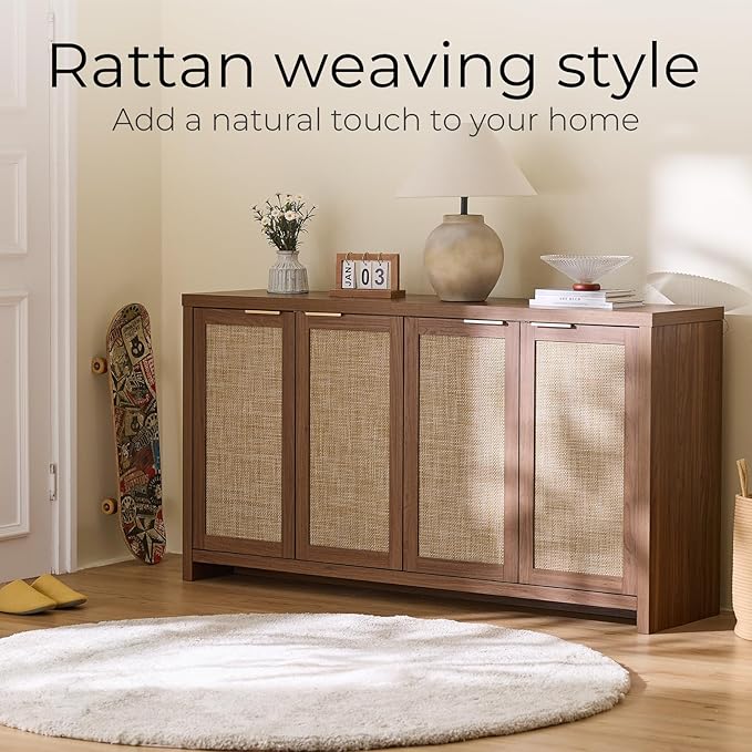 Walsham 61'' Buffet Cabinet with Storage, Adjustable Shelf Sideboard Rattan Entryway Console Cabinet with Doors Modern Credenza Coffee Bar Station for Kichen Living Room Holds 410lb Special Walnut