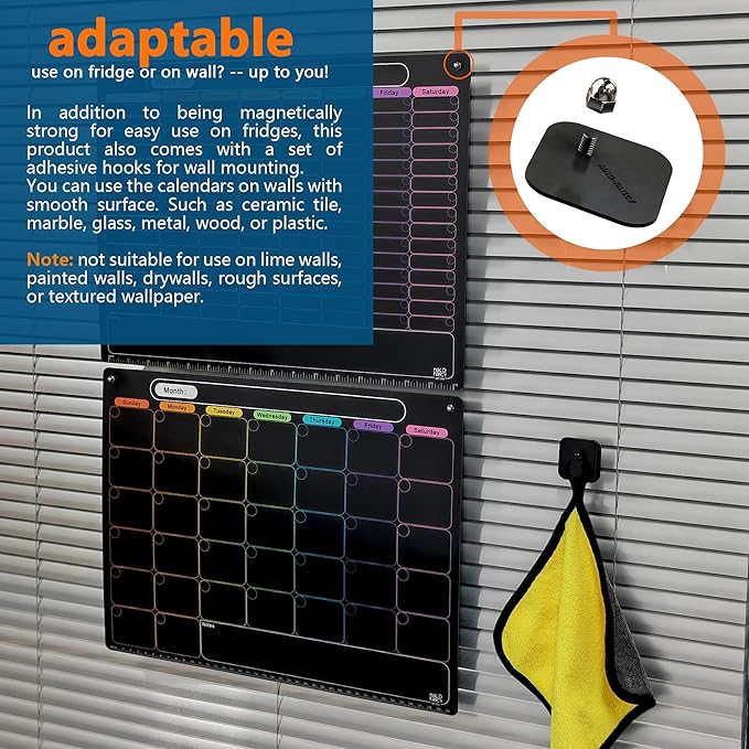 MAG-FANCY Magnetic Calendar for Refrigerator Black Weekly Planner Dry Erase Calendar Chalkboard Semi-Gloss Planning Board 6 Fine Tip Wet Erase Markers & Mounts for Wall Hanging