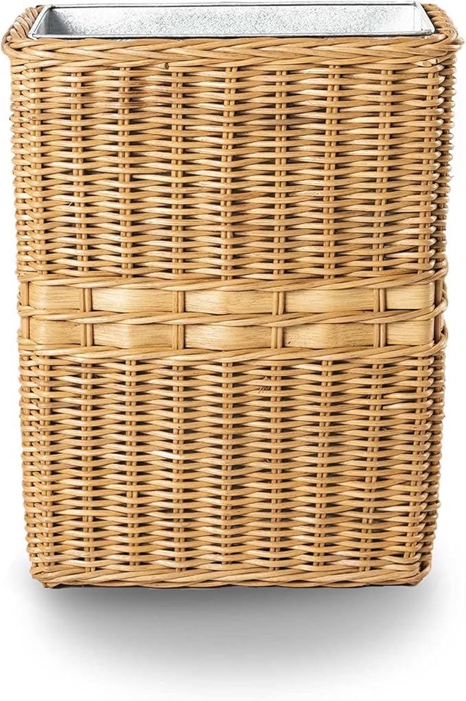 The Basket Lady Large Rectangular Wicker Waste Basket with Metal Liner, 14.5 in L x 9 in W x 18 in H, Sandstone
