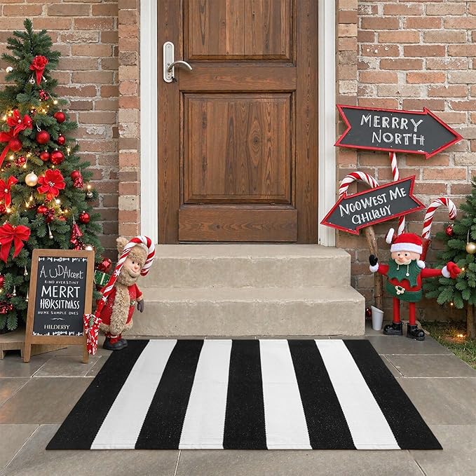 Black and White Striped Outdoor Rug 24"x 35", Washable Christmas Front Door Mat, Cotton Woven Farmhouse Front Porch Rug, Layered Door Mats Outdoor for Entryway Kitchen