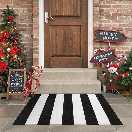 Black and White Striped Outdoor Rug 24"x 35", Washable Christmas Front Door Mat, Cotton Woven Farmhouse Front Porch Rug, Layered Door Mats Outdoor for Entryway Kitchen