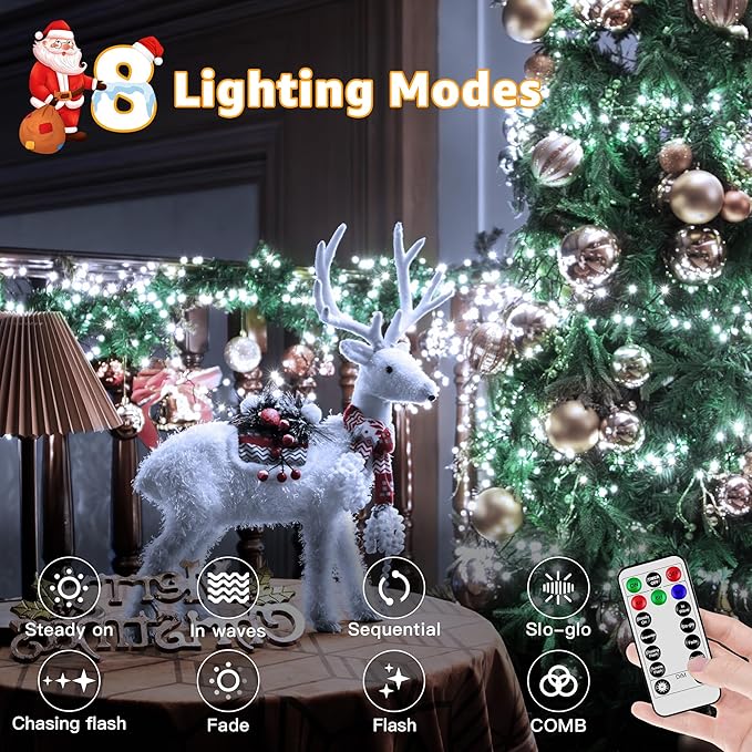 1200 LED 59 FT Cluster Lights, White Christmas Tree Lights 8 Modes Timer Remote, Waterproof String Lights for Indoor Outside Garland Xmas Decorations