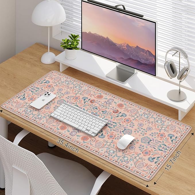 iCasso Desk Mat for Keyboard and Mouse, Large Mouse Pad, Desk Pad Mat, Anti-Slip Big Mousepad with Stitched Edges for Computer Desktop(Peach Pink)