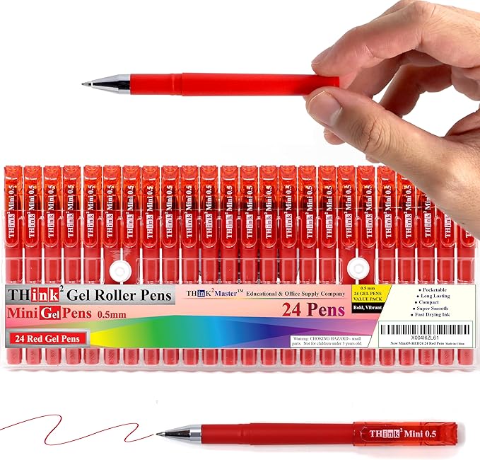 THINK2MASTER [24 Pens - Red Ink Think2 0.5mm Pocketable Mini Gel Pens. (24 Red) Fine Point Small Rollerball Pens with Smooth Quick Drying Ink.