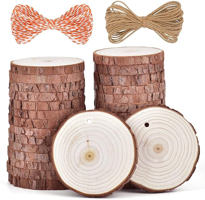 5ARTH Natural Wood Slices - 30 Pcs 2.7-3.1 inches Craft Unfinished Wood kit Predrilled with Hole Wooden Circles for Arts Wood Slices Christmas Ornaments DIY Crafts