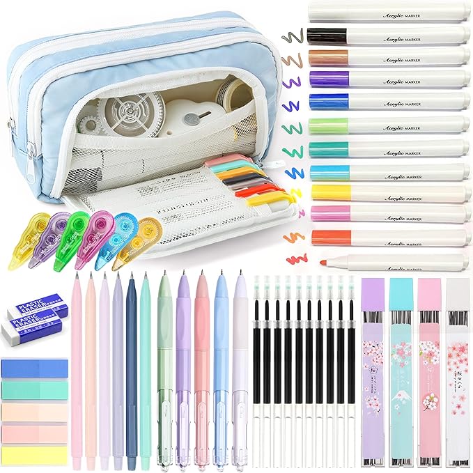42 PCS Aesthetic School Supplies with Large Pencil Case, 12 Marker Pens with box, 5 Black Ink Gel Pens, 6 Mechanical Pencils Set, Sticky Notes, Complete Essentials Stationery Kit for Students