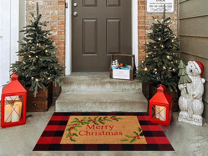 Ckorzen Red Green and White Plaid Rug, 28" x 43" Christmas Front Porch Outdoor Rug, Handwoven Cotton Washable Rug for Layered Door Mats, Holiday Entryway and Home Décor
