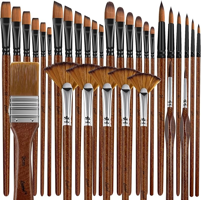 Bougimal 32 Pieces Paint Brush Set, Back to School Supply, Nylon Bristles with Round, Filbert, Flat, Fan, Angle, Fine Detail Brush, Suitable for Acrylic Painting, Oil, Watercolor(Birch Wood Handle)